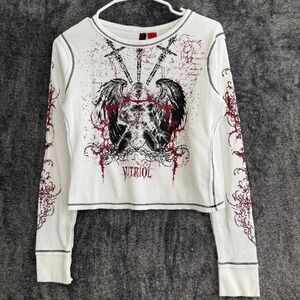 Vitriol Womens Gothic Thermal Cropped Tee Medium White Long Sleeve Y2K Grunge